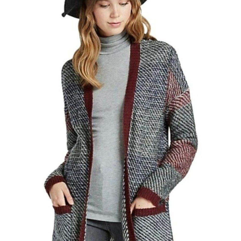 Lucky Brand Alpaca Wool Mohair Blend Check Open Front Cardigan Sweater Large